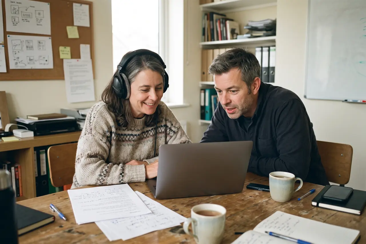 Two colleagues at a table listen back to a voice-over on a laptop, one in headphones smiling, with a marked-up script and mugs of tea