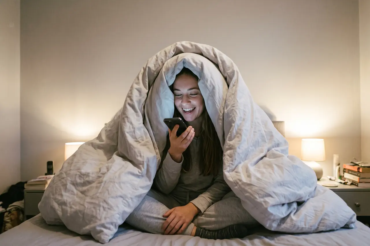 A young woman sits under a duvet pulled over her head, recording into her phone and grinning